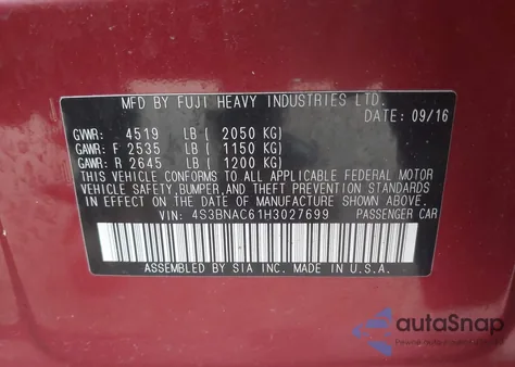 2017 Subaru Legacy 2.5I Premium z USA, uszkodzony, nr VIN 4S3BNAC61H3027699